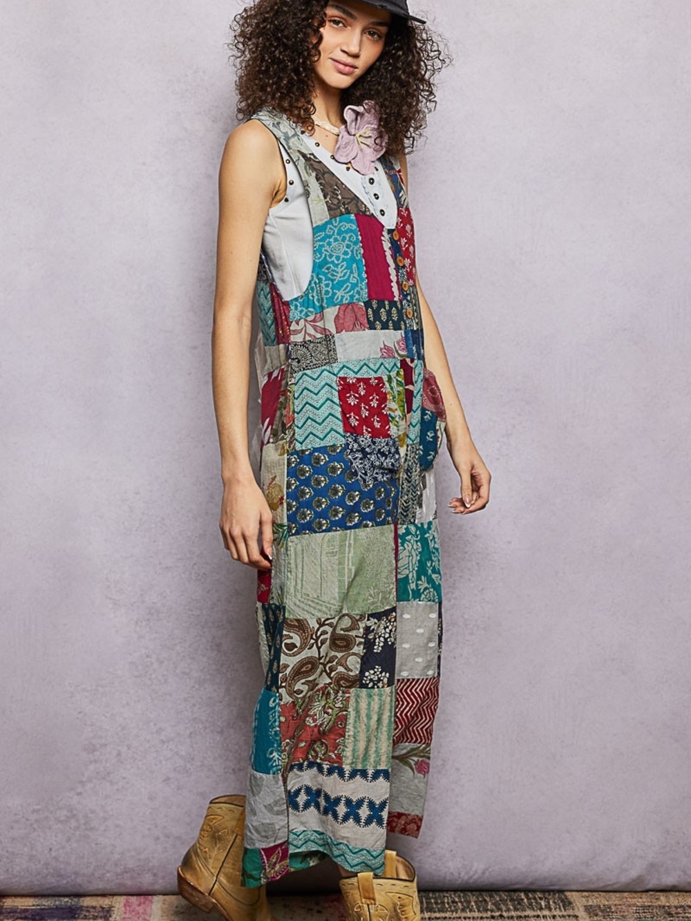 POL Sleeveless Patchwork Wide Leg Jumpsuit Size Medium Chest 20.4" - Picture 2 of 6